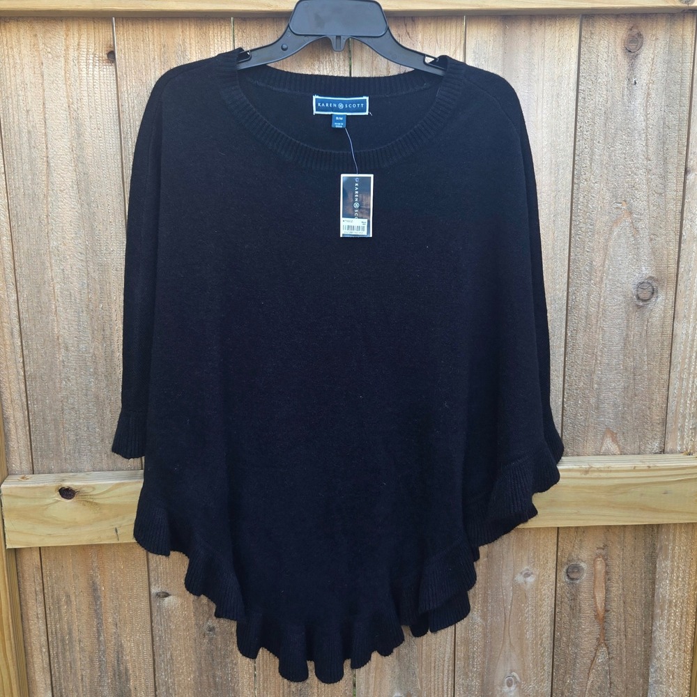 Karen Scott Womens Ruffle Poncho Luxsoft Black Knit Sweater S/M Soft